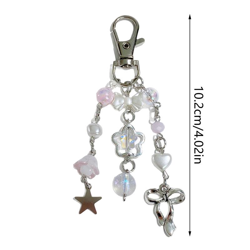 Korean Style Fresh Bow Star Keychain Y2K Sweet Beaded Keyring Girly Bag Pendant Key Accessories Cute Key Holder Gift