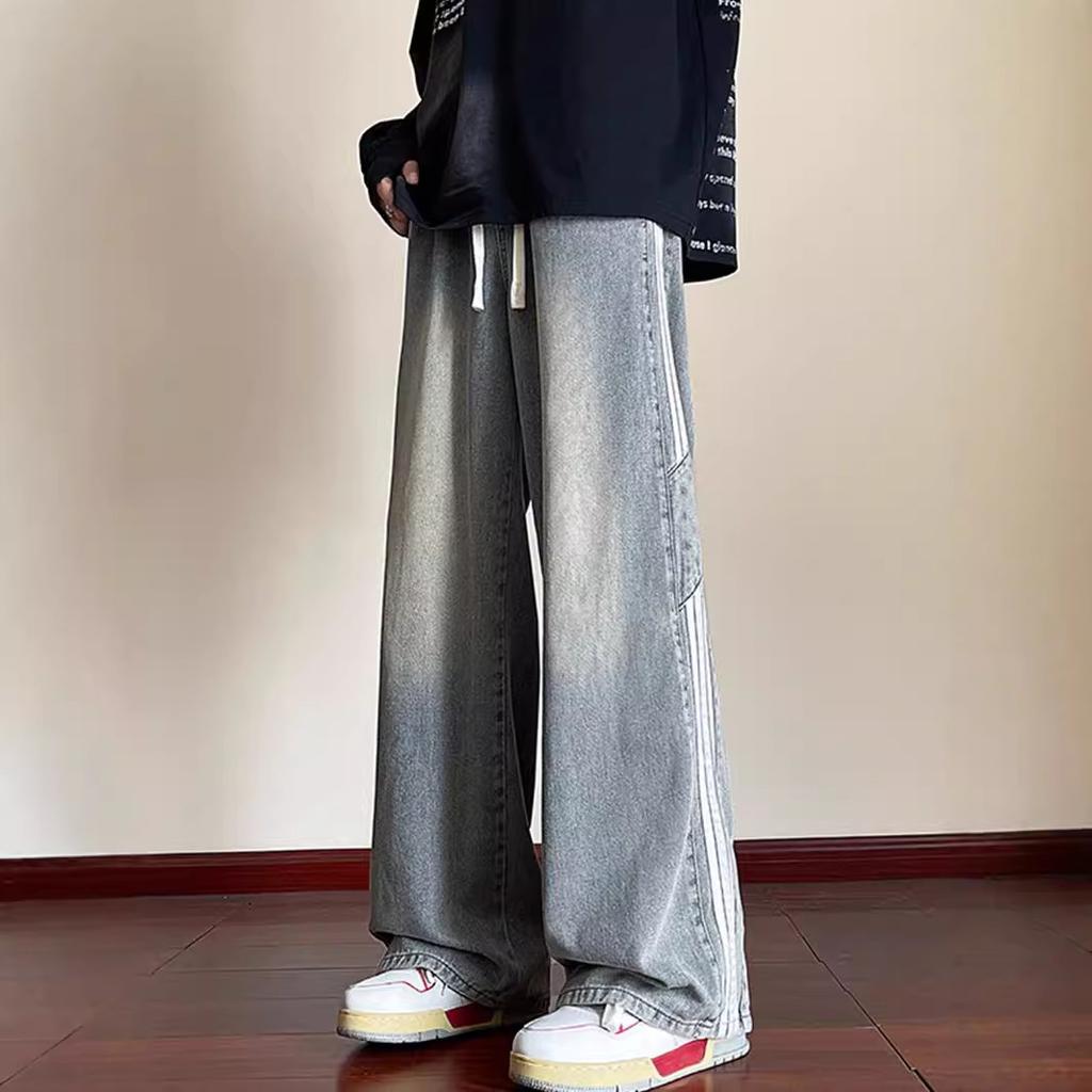 JYL Men's Wide-Leg Jeans American Cartoon Towel Embroidered Winter Loose Denim Pants