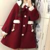 Winter Kawaii Red Wool Coats Women Loose Japanese Sweet Lolita Outwear Jacket Female Korean Style Pockets Warm Bow Overcoat