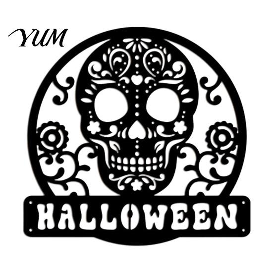 Front Porch Hanging Sign Skull Metal Door Sign, Gothic Spooky Skeleton Head Wall Halloween Atmosphere Decor Art for Man Cave, Bar, Bedroom,