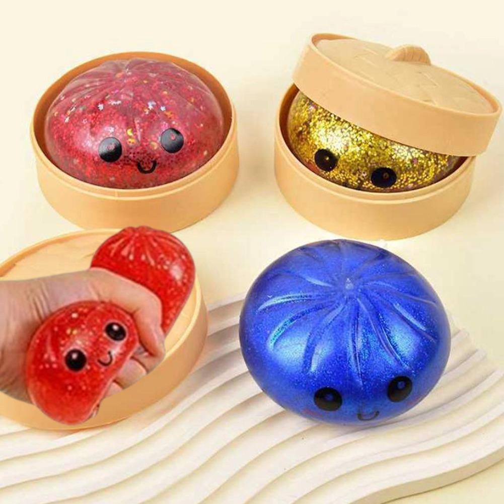 Colorful Cute Dumpling Squishy Toy with Steamer Box,Glitter Dumpling Slow Rising Stretchy Toy,Anti-Anxiety Desk Travel Gift