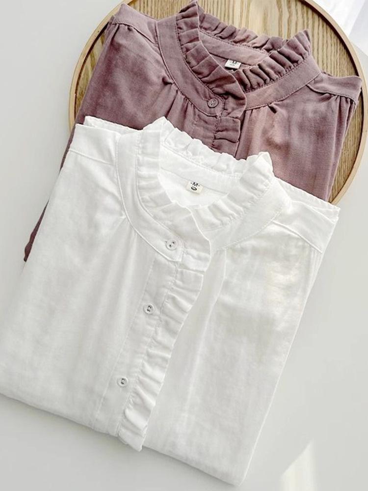 Women's Retro Cotton Linen Slimming Long Sleeve Shirt - Solid Color, Loose Fit for Spring & Autumn.