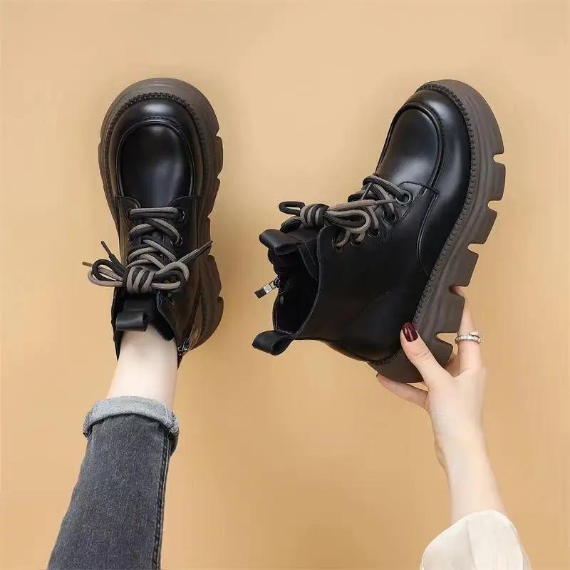 Fashion Punk Style Combat Chunky Booties with Laces Women's Ankle Boots Round Toe Leather Female Short Shoes Platform Lace-up On Offer
