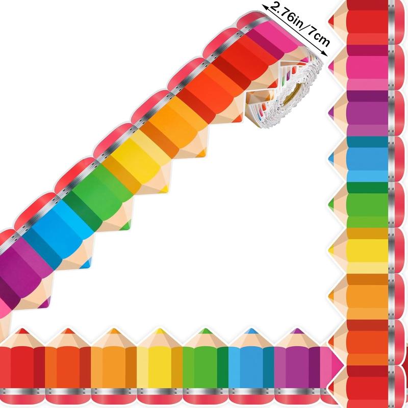 1Roll Self Adhesive Rainbow Pencil Edge Stickers Chalkboard Bulletin Board Border Paper 3Inch Border Classroom Decors