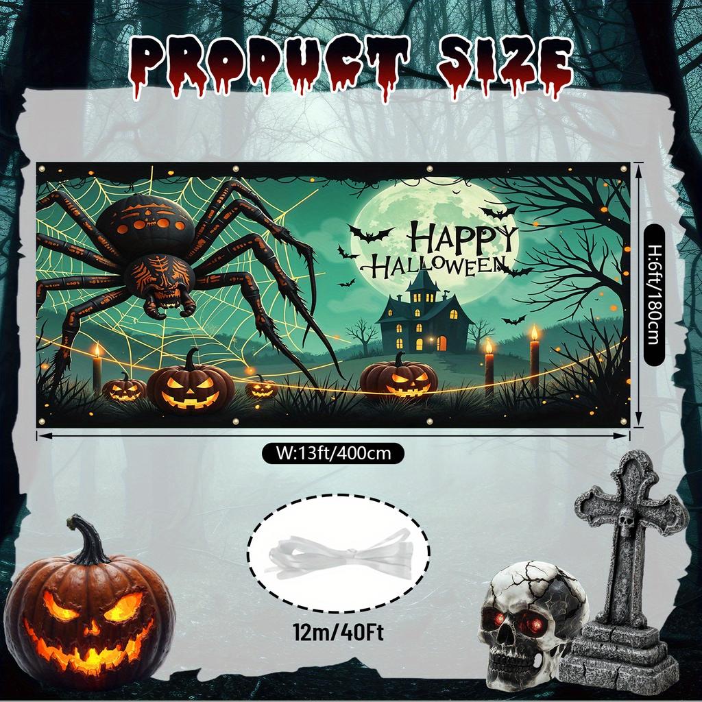 2D flat cheerful Halloween garage door banner with a background of terrifying giant spiders