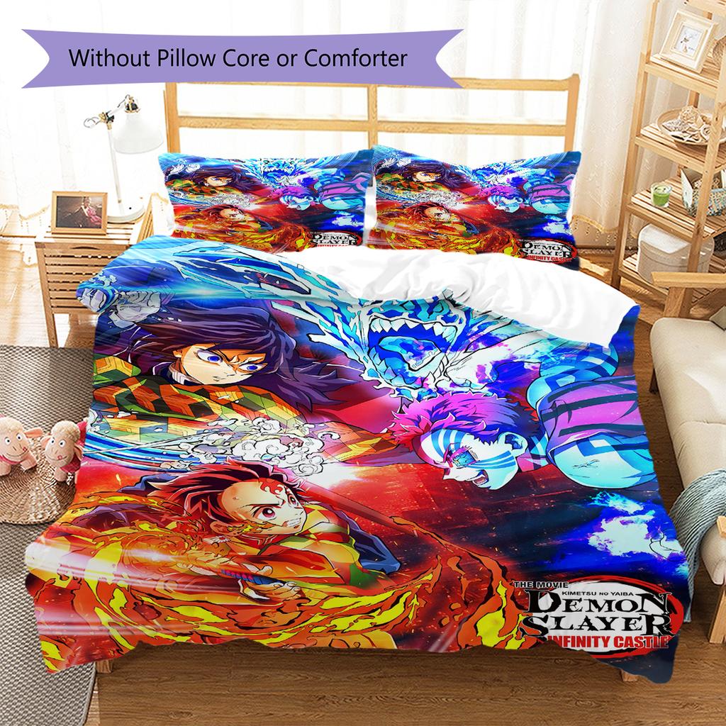 Demon Slayer Pattern Bedding Quilt Set Quilt Cover Pillowcase Home Decoration Gift (1 * Duvet Cover + 2 * Pillowcase, Without Core)