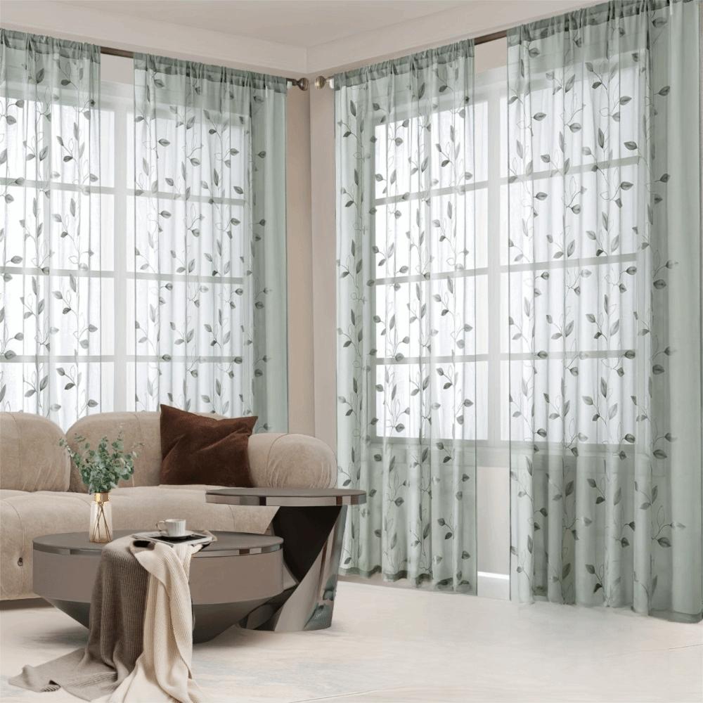 2PCS Semi-Transparent Embroidered Leaf  Window Thin Curtain Sunshade Curtains  Kitchen