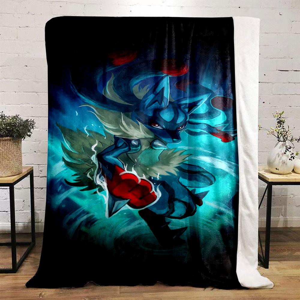 A dynamic blue creature with red accents surrounded by glowing energy. for all seasons blanket lunch break throw gift