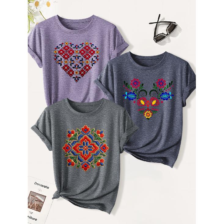3 Pack of Women's Summer Tops | Heart-shaped Floral Ethnic Print T Shirt | Cute and Trendy Casual Round-neck Short-sleeve Suit | 2026 Summer Vintage