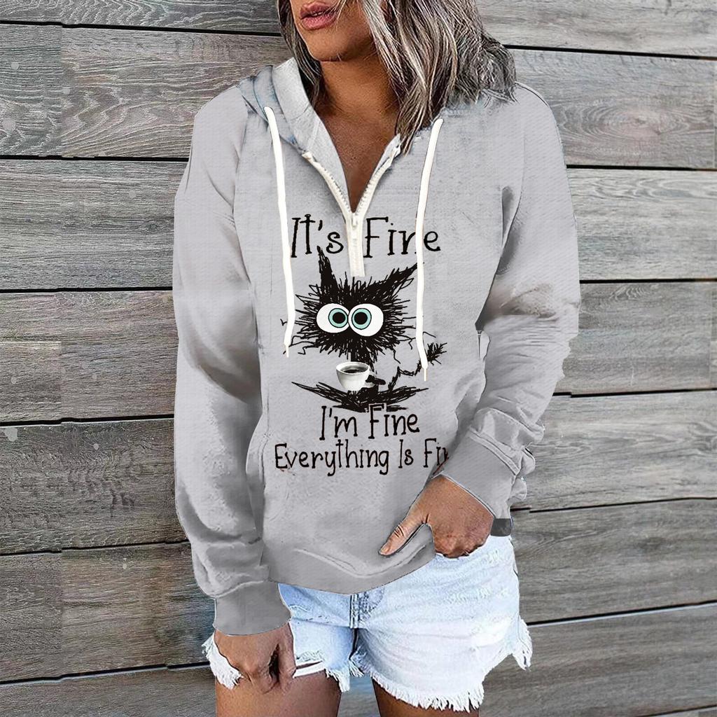Women Plus Size Pullover Hoodie Long Sleeve Round Neck Cute Cat Cartoon Printed Sweatshirt