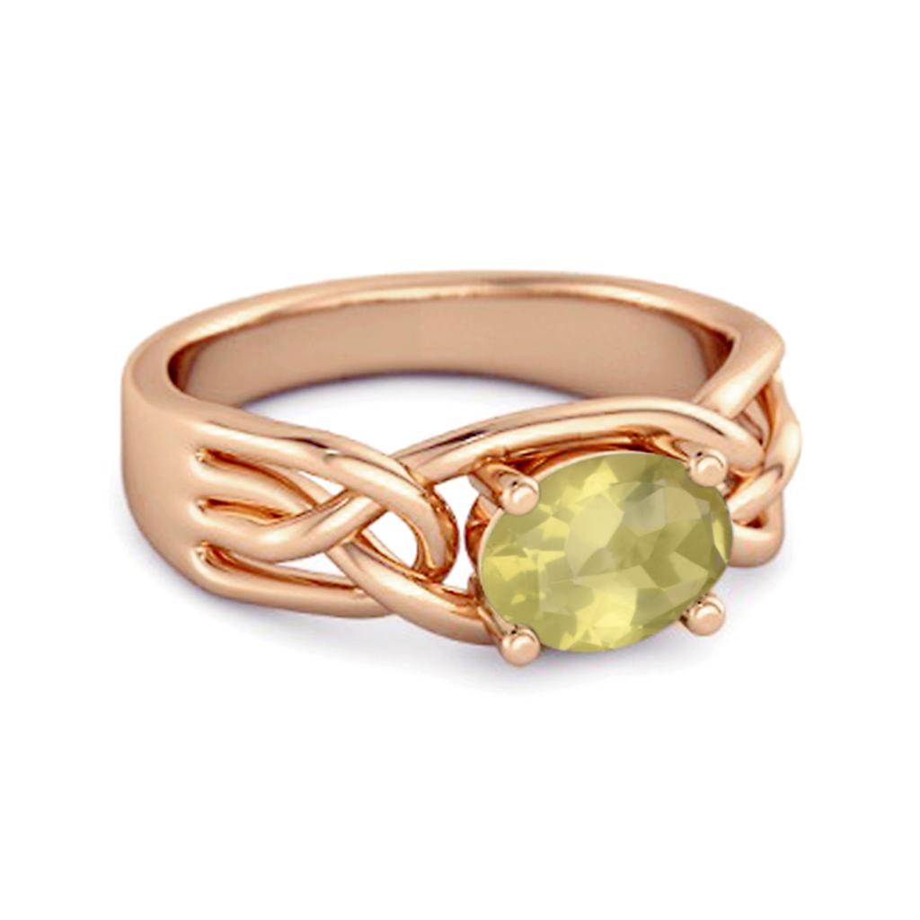 Lemon Quartz Celtic Woven Band Ring - 925 Sterling Silver Rose Gold Vermeil