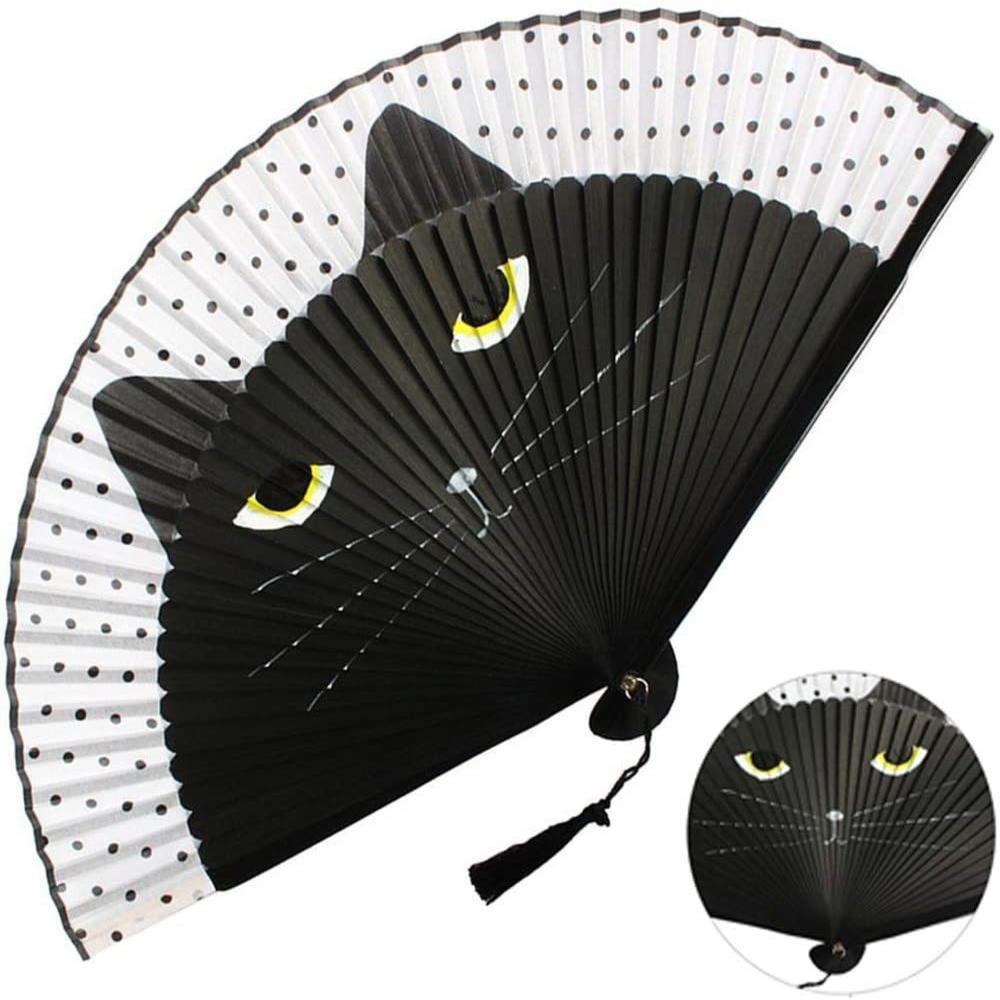 Cat Pattern Bamboo Folding Fan Japanese Style Women Lovely Cartoon Kitten Hand Fans Handheld Fan Crafts Home Decoration