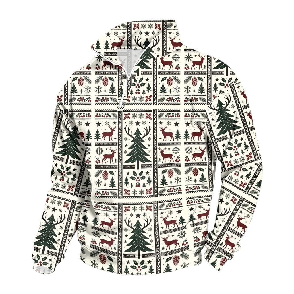 Men's Casual Quarter-Zip Stand Collar Sweatshirt with Christmas Print, Holiday Pullover