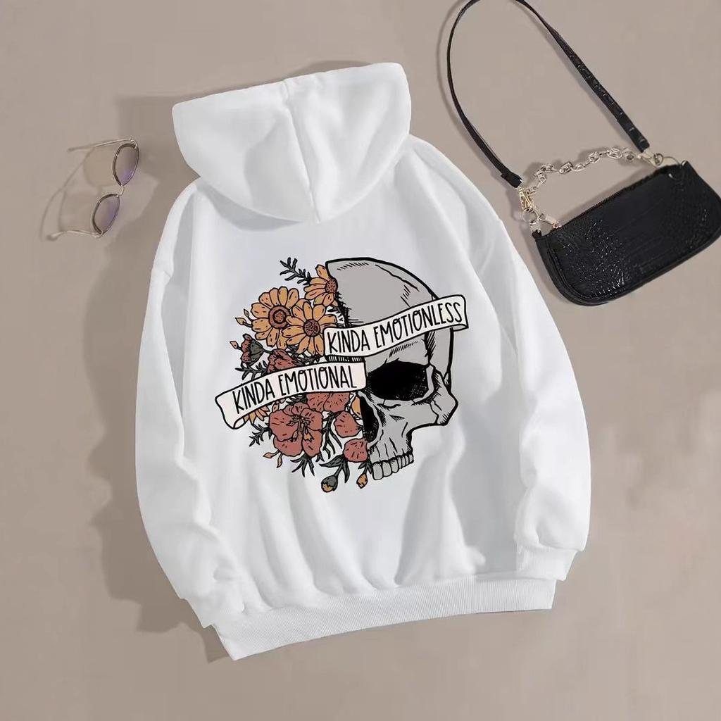 Ladies Spring Autumn Casual Hooded Long Sleeve Big Pocket Halloween Skull Flower Printed Pullover Hoodies Sweatshirt Top
