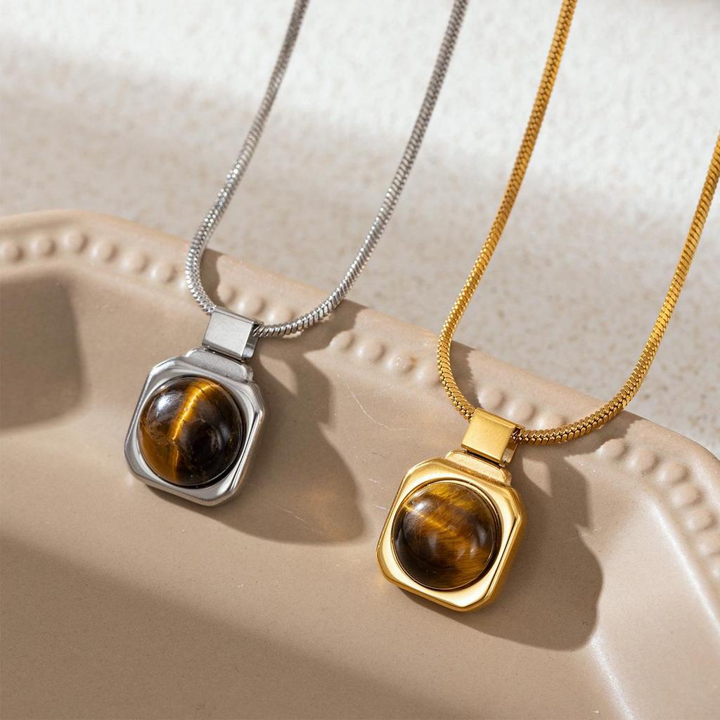 Versatile Retro Chic Titanium Steel Necklace with Natural Tiger Eye Pendant