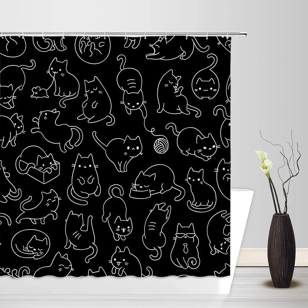 Cute Cat Shower Curtain Lovely Cartoon Funny Colorful Animal Pattern for Pet Kids Girls Fabric Bathroom Decor Curtains with Hook