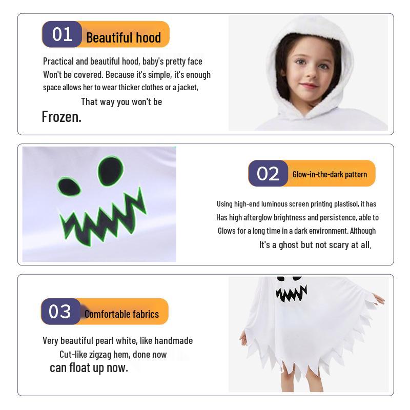 Child's Glow-in-the-Dark Ghost Face Cloak Costume for Halloween Performances