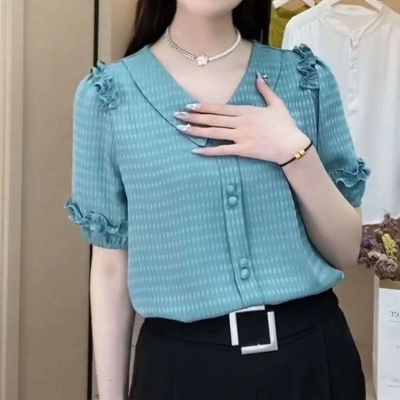 

Сладкая рубашка с воротником Питера Пена, летняя мода, оборки, вставки, женская одежда, клетчатая, однотонная, прямая, для работы, блузка на пуговицах XXXL озеро синий