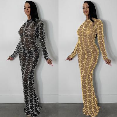European & American Fashion Sexy Mesh See-through Long-sleeved Dress with Hot Drill Details for Nightclub