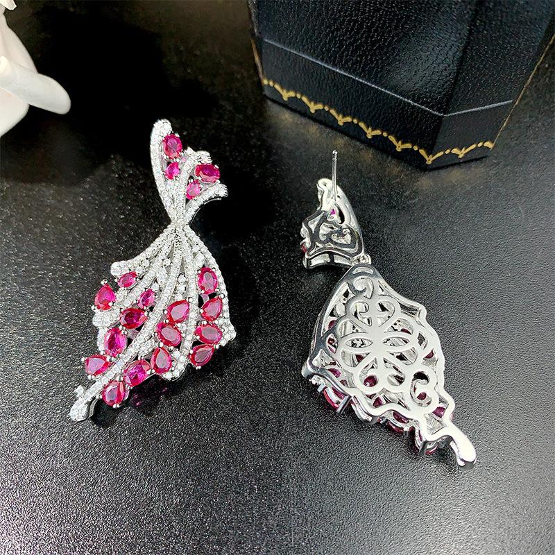 Autumn and winter new earrings jewelry fashion fan flower earrings red corundum slightly inlaid zircon earrings women's