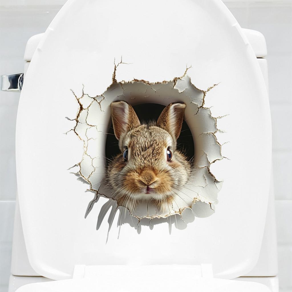 3D Peeking Bunny Toilet Stickers, Cute Breaking Wall Rabbit Waterproof Removable Self-Adhesive