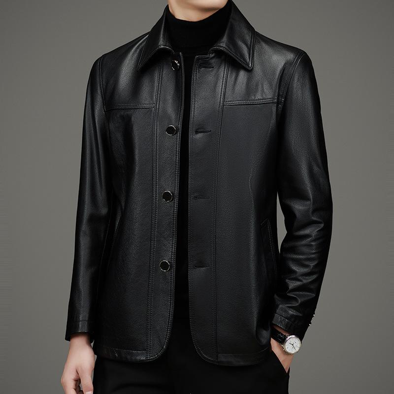 

Куртка из коровьей кожи первого слоя весна-осень мужская среднего возраста деловая с лацканами кожаная куртка куртка 195 чёрный