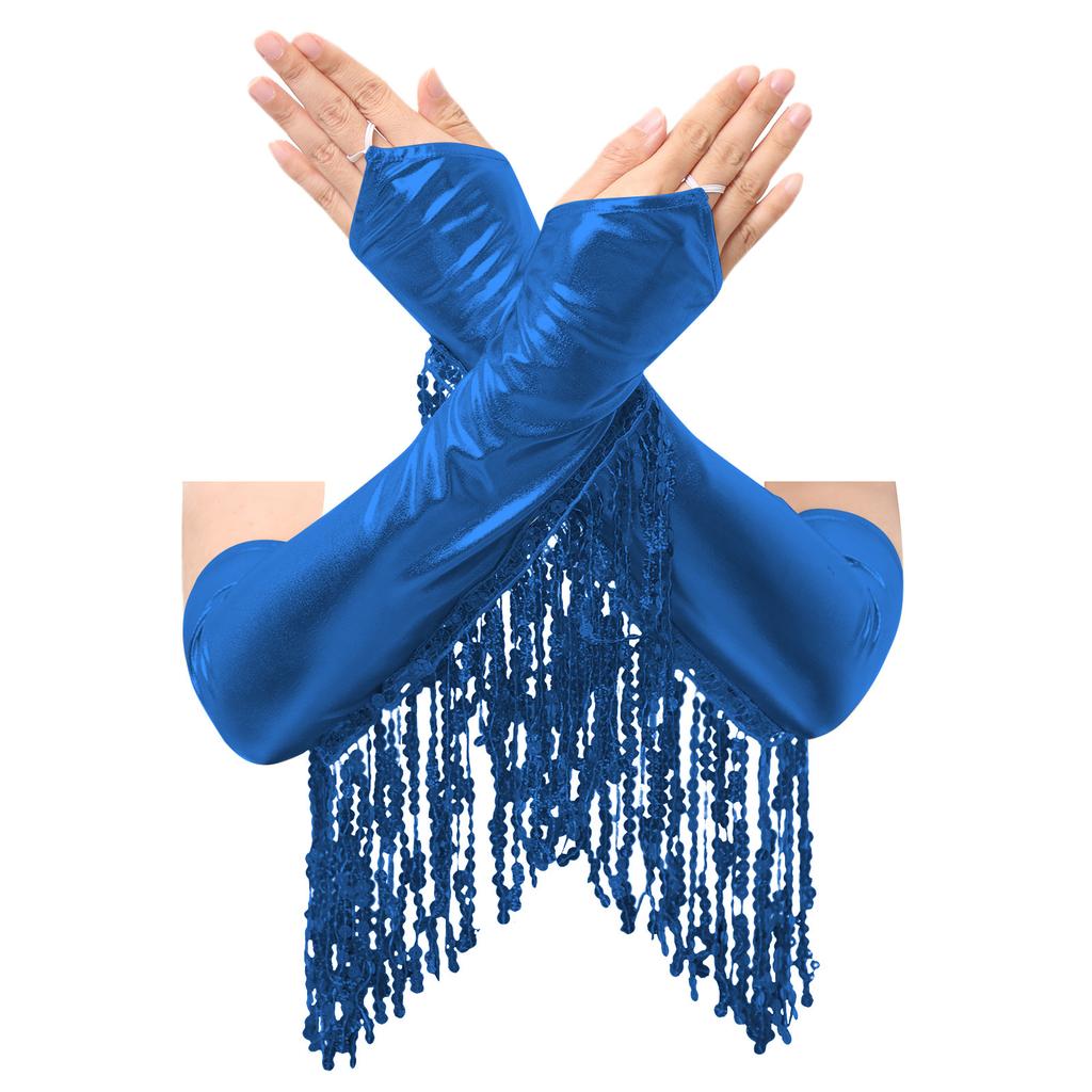 Adult Elbow Length Fingerless Gloves: Sparkling Sequined Tassel Design, Metallic Shiny Stage Opera Cosplay & Party Mittens