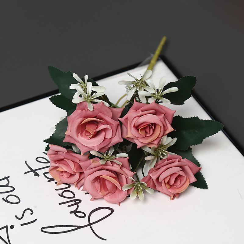 5-Head Artificial Silk Rose Arrangement for Home Decoration