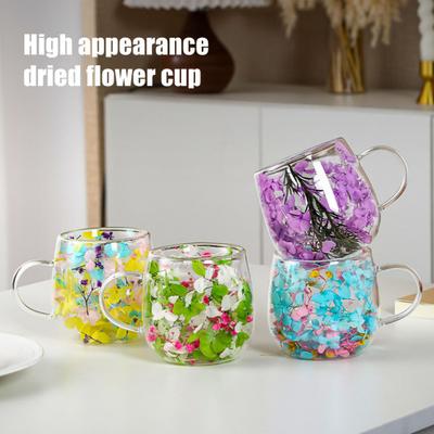 Double-Wall Glass Mug with Dried Flower Design 250ml Heat-Resistant Borosilicate Glass Cup for Milk Coffee Breakfast Insulated Glassware for Home