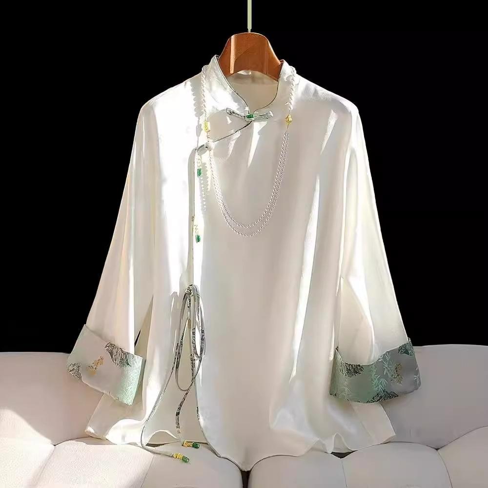 2024 Frühling Damen Guochao Acetat Satinhemd mit Retro Diagonaler Knopfleiste & Froschverschluss