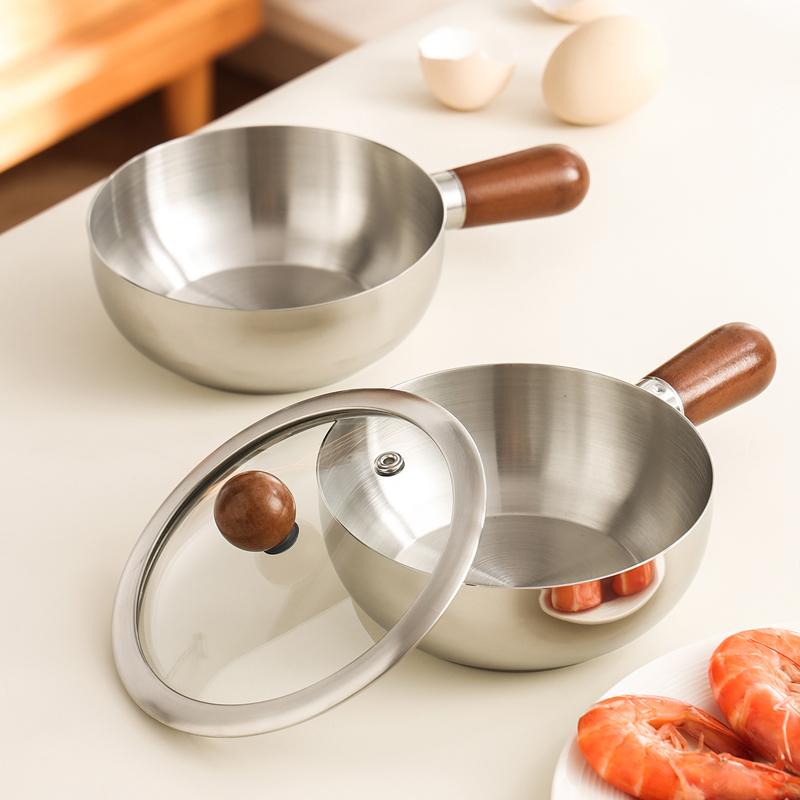 Stainless Steel Small Pot Bowl Walnut Wood Handle Salad Yogurt Bowl Breakfast Cooking Tool Multi-Function Cooking Kitchen Bowl
