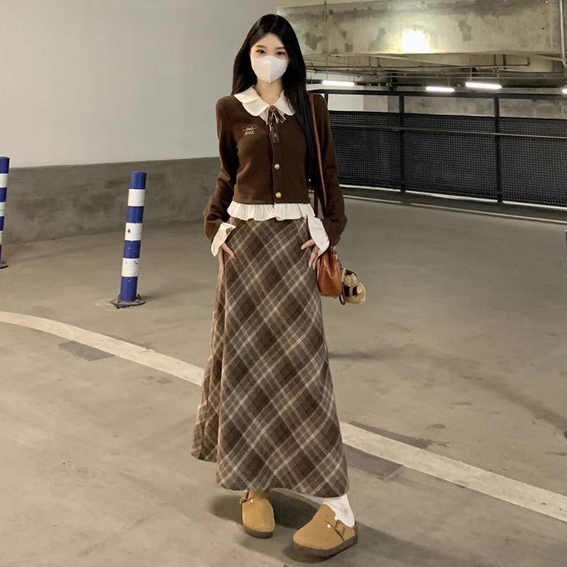 Petite Retro Plaid Skirt & Spliced Long Sleeve Top Set for Autumn/Winter Women