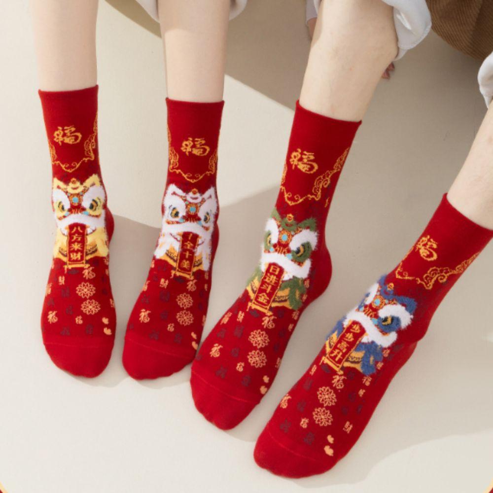 Couple New Year Red Socks Cotton Good Luck Socks Creative Lion Dance Red Socks Gifts