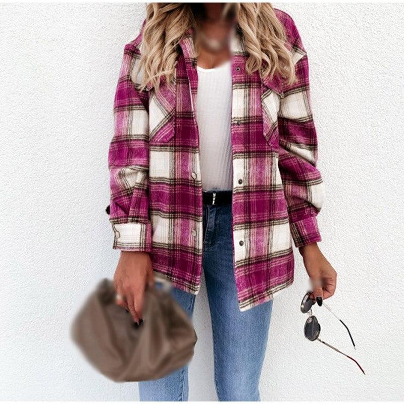 Plaid Women Shirt Autumn Loose Long Sleeve Single Breasted Pocket Female Retro Casual Lady Chemise