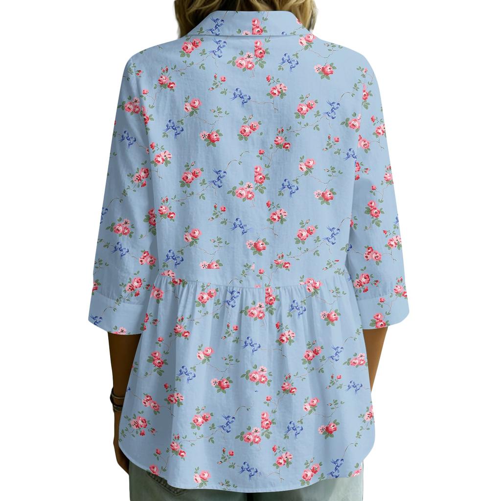Women Button Down Shirt Vintage Floral Print Three Quarter Sleeve Loose Fit Blouse with Collared Neckline Casual Top