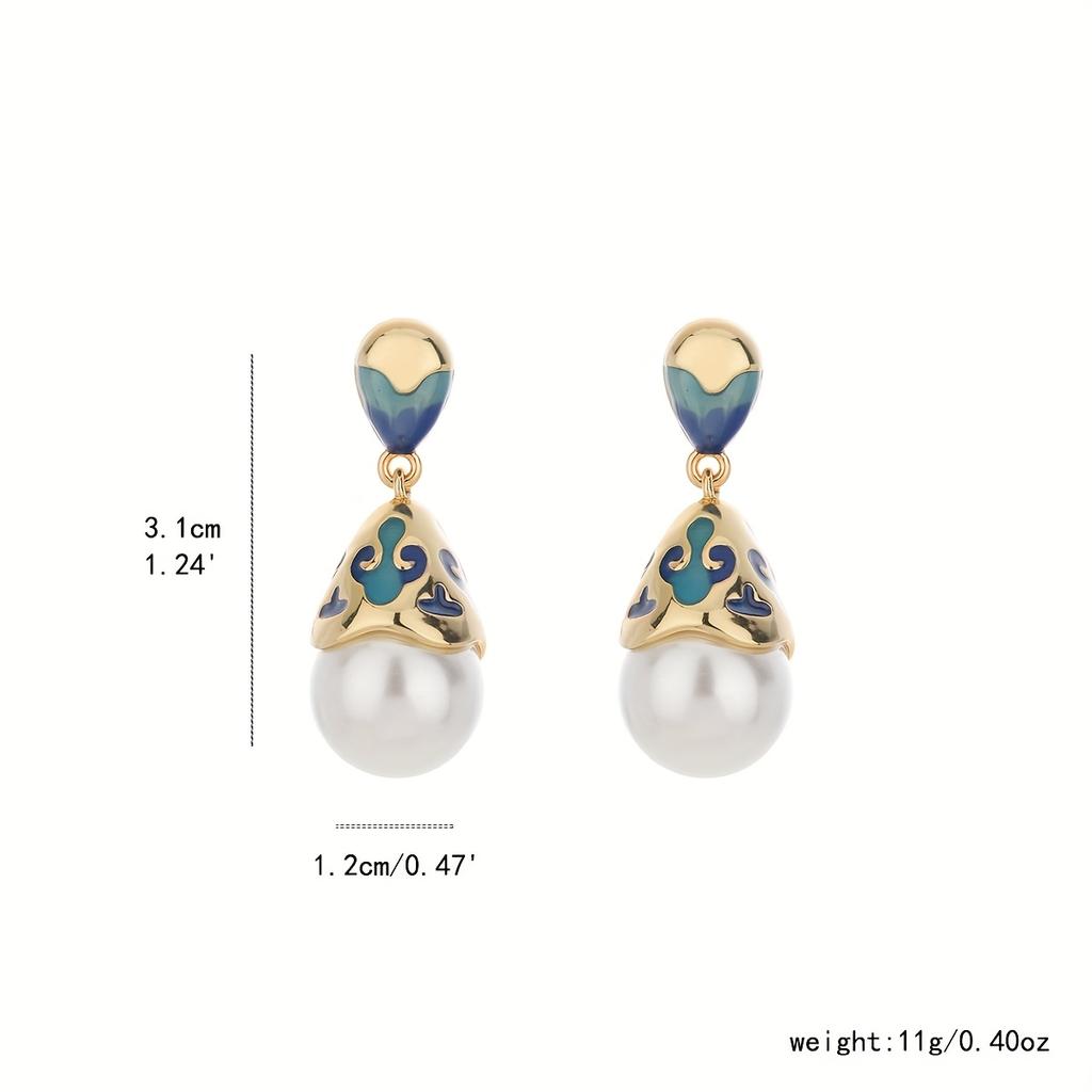 1 Pair Vintage Elegant Women's Enamel Earrings - Turquoise Blue & Golden Antique Imitation -like Drop Dangle Earrings with Ornate Chinese/-Inspired Mo