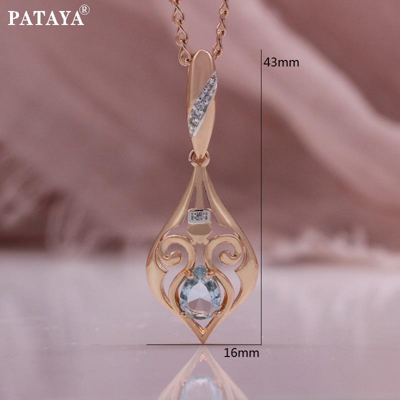 PATAYA Classical Rose Gold Color Green Light Blue Artificial Zircon Earring Ring Pendant  Necklace Combination Set