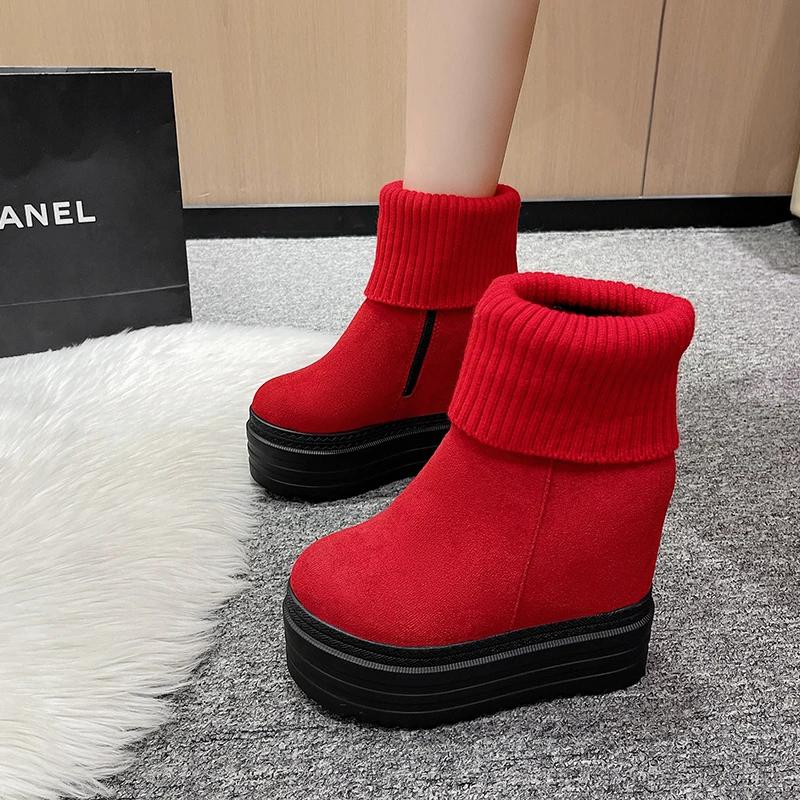 Moda 12,5CM Mulheres Meia Panturrilha Inverno Tricô Pelúcia Salto Escondido Mulher Quentes Botas de Inverno Moda Plataforma Sola Grossa Sapatos Bota Feminina