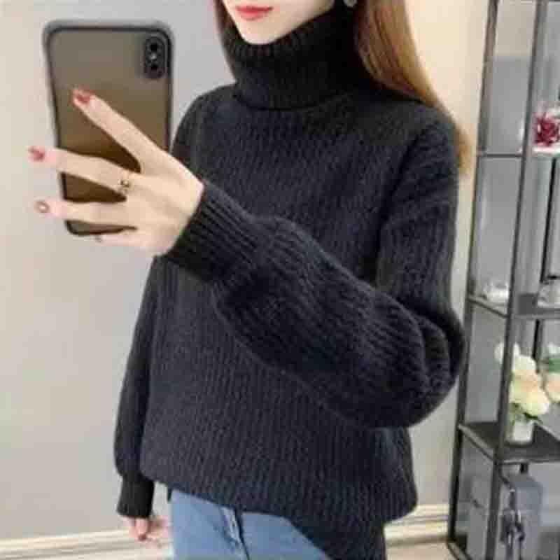 

Свитер женский, толстый, с высоким воротником, джемпер, свободный пуловер, вязаная нижняя рубашка, Feminina, длинная, простая, базовая, на осень и зиму L чёрный