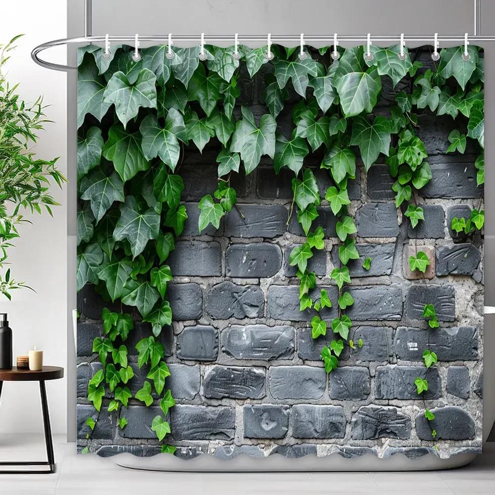 Rustiek Rustiek Houten Paneel Tuinmuur Douchegordijn Groene Plant Blad Omheining Polyester Douchegordijnen Badkamer Decor