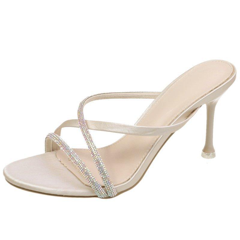 High Heel Slipon Sandals With Water Drilled Embellishments For Summer Wear