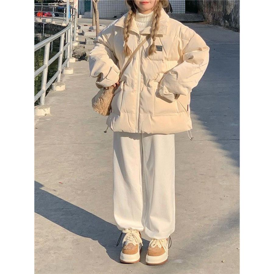 Winter Plus Size Thick Warm PU Leather Stand Collar Cotton Jacket for Women Students Loose Bread Style Cotton Coat for Overweight Girls Outerwear