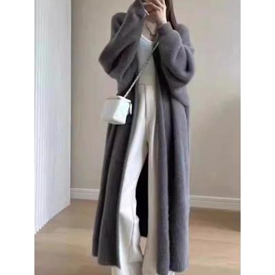 Stil Relaxat Cardigan Cald Lung până la Genunchi Îngroșat pentru Femei Pulover Tricotat din Blană Sintetică de Vizon Haine Calde