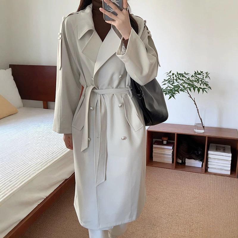 White medium and long trench coat women's season waist drape coat feeling