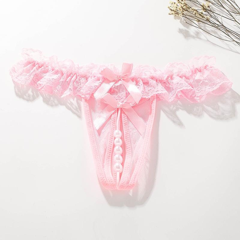 Sexy String Lace Underwear Women Back Bow Panties Women G String T-back Thong Transparent Lingerie Cute with Pearls Panties New