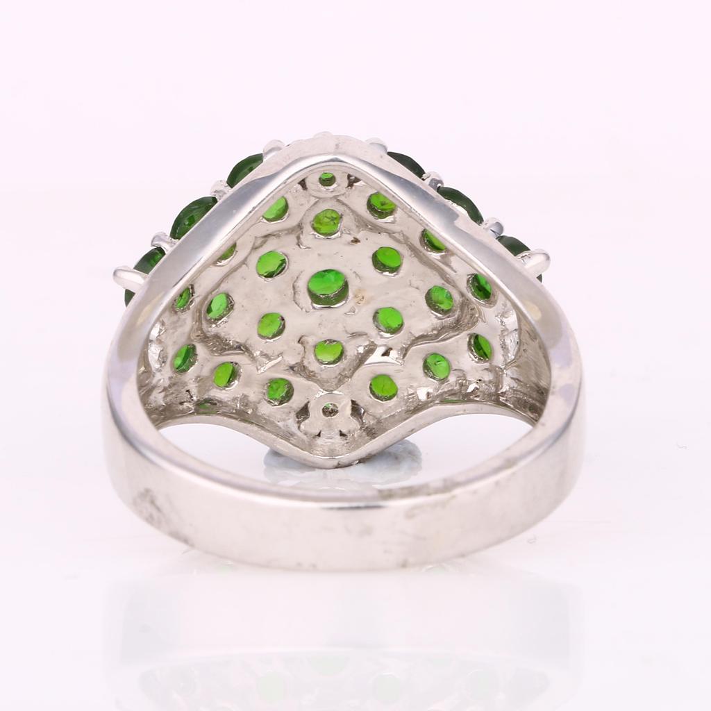 Rhodium Plated Sterling Silver Chrome Diopside Cluster Ring  Round Green Gemstone Statement Piece
