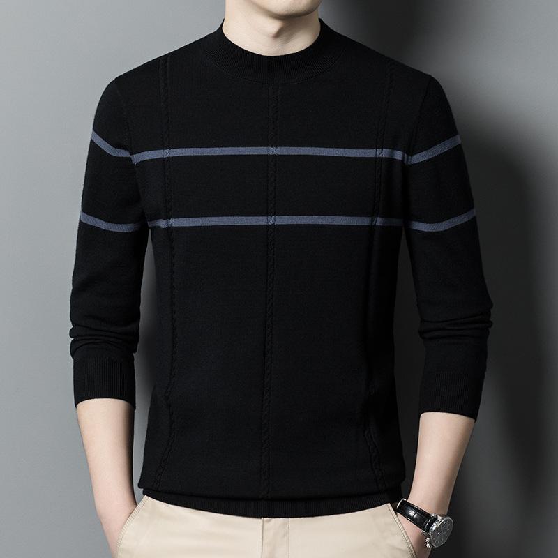 Neuer Wollpullover für Herren aus reiner Wolle, langärmelig, halbhoher Kragen, gestreifter Pullover mit Bodenbildung, Pullover mit Kammgarnmuster, Flut