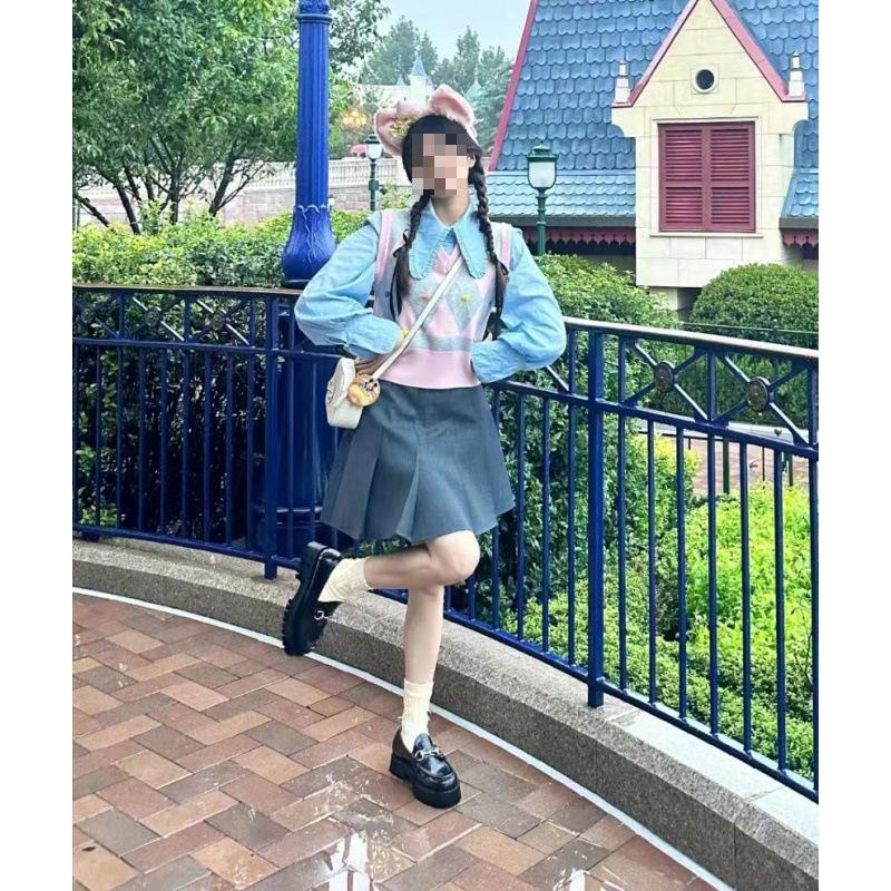2024 Pink Knit Vest with Blue Doll Collar for Women - Autumn Style
