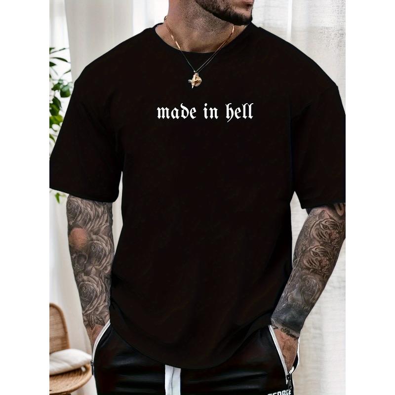 Men'S "Made In Hell" Graphic Tee - Casual Summer Crew Neck T-Shirt, Cotton, Regular Fit, Bold Statement Design for Casual Attire, Everyday Tshirt