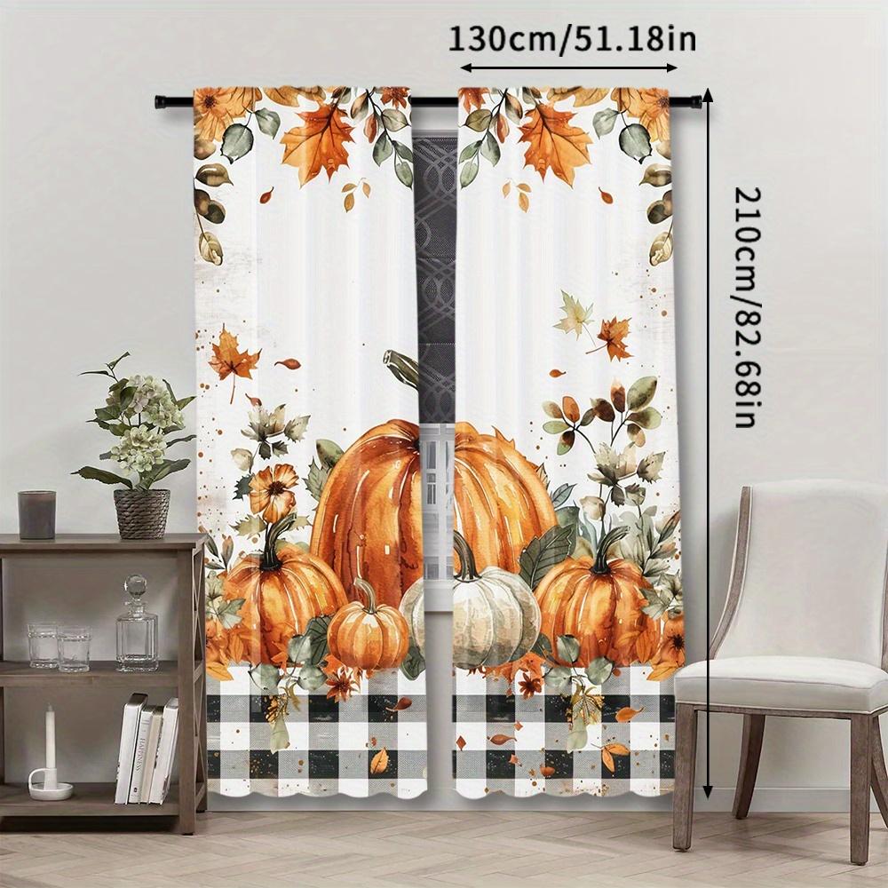 2pcs Set Rustic Autumn Pumpkin & Maple Leaf Curtains - Farmhouse Style Rod Pocket Window Treatments, Digital Printed Polyester f